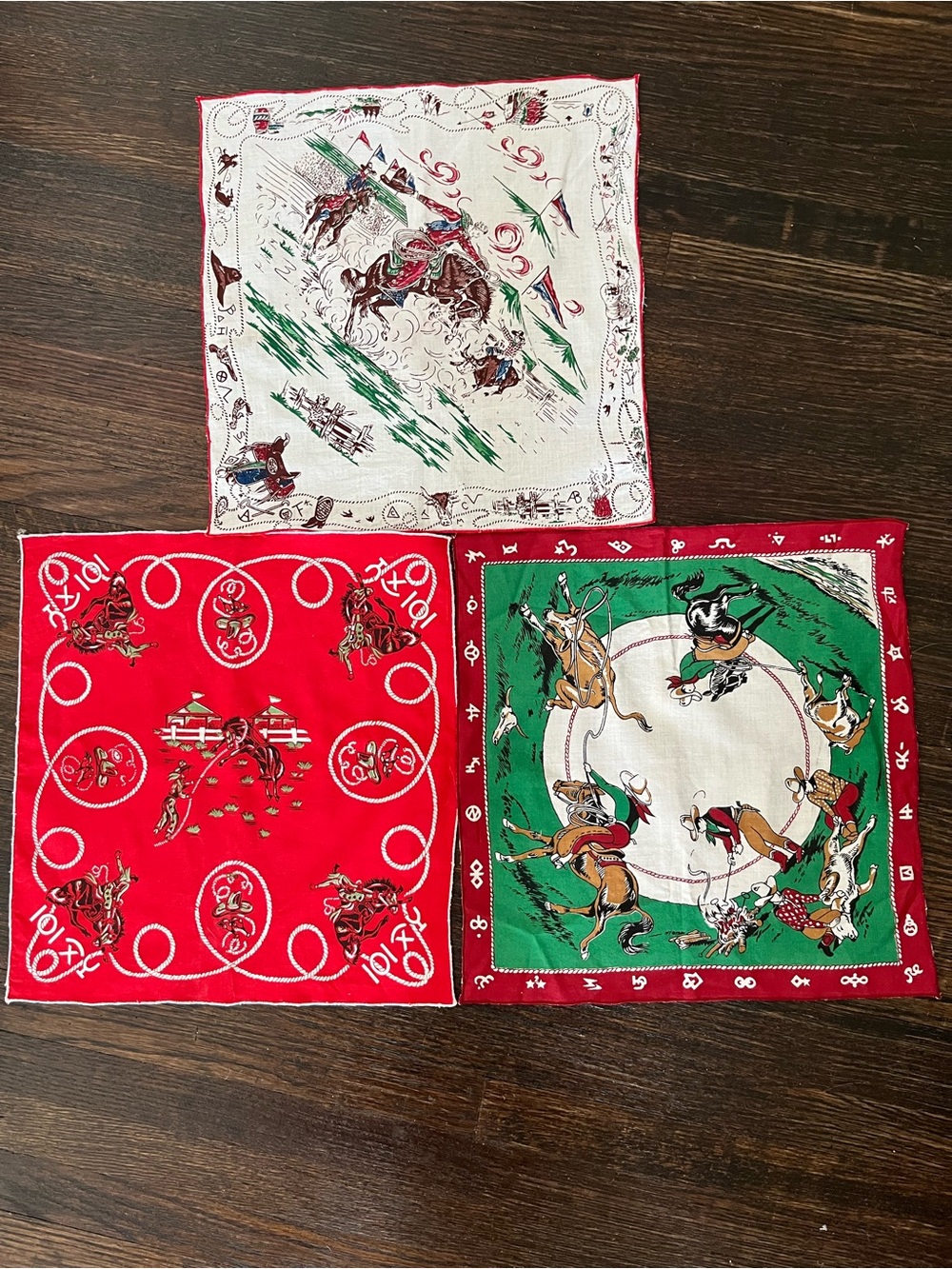 Vintage rodeo themed hankies/pocket squares. 12”x12” square. Cotton. Set of 3.